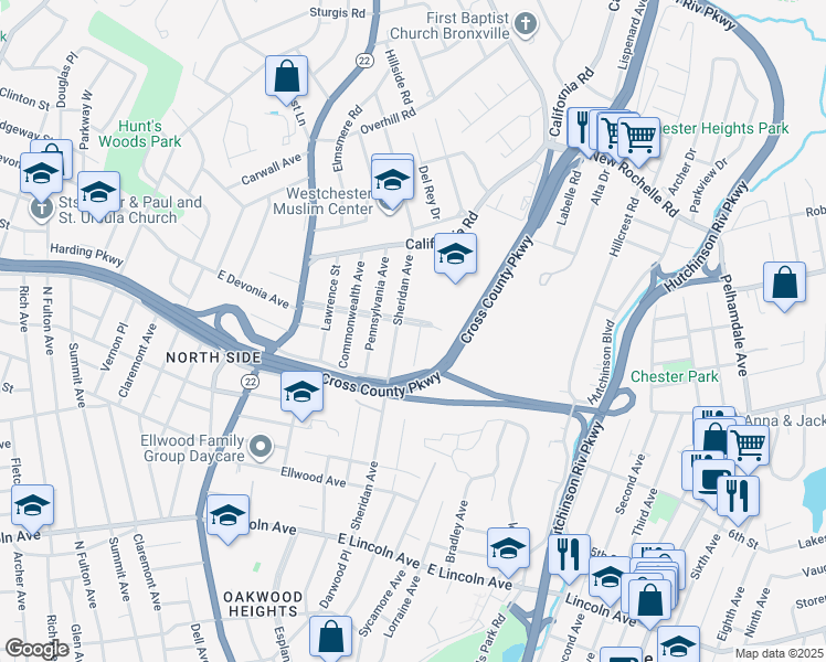 map of restaurants, bars, coffee shops, grocery stores, and more near 103 Stuyvesant Plaza in Mount Vernon