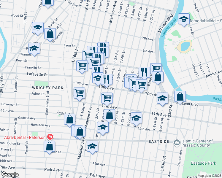 map of restaurants, bars, coffee shops, grocery stores, and more near 461 East 23rd Street in Paterson