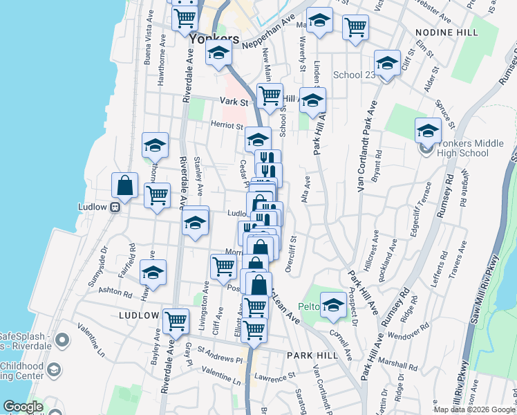 map of restaurants, bars, coffee shops, grocery stores, and more near 7 Ludlow Street in Yonkers