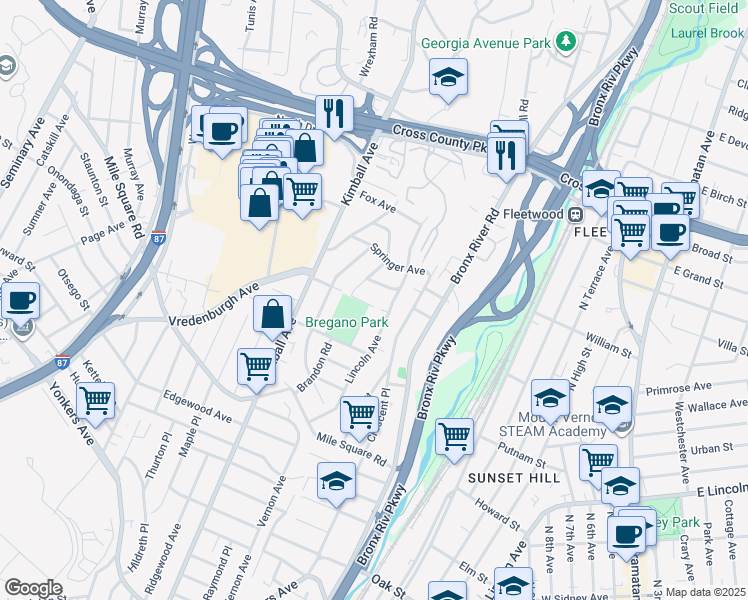 map of restaurants, bars, coffee shops, grocery stores, and more near 15 Frazier Place in Yonkers