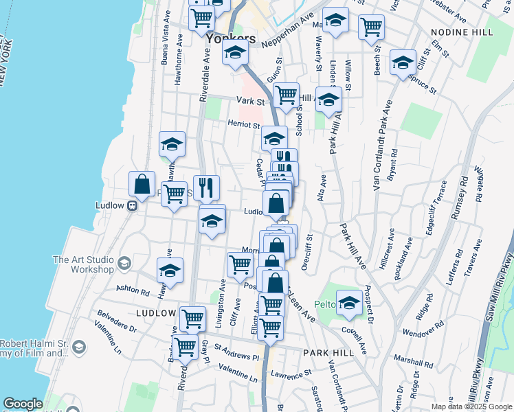 map of restaurants, bars, coffee shops, grocery stores, and more near 34 Highland Avenue in Yonkers
