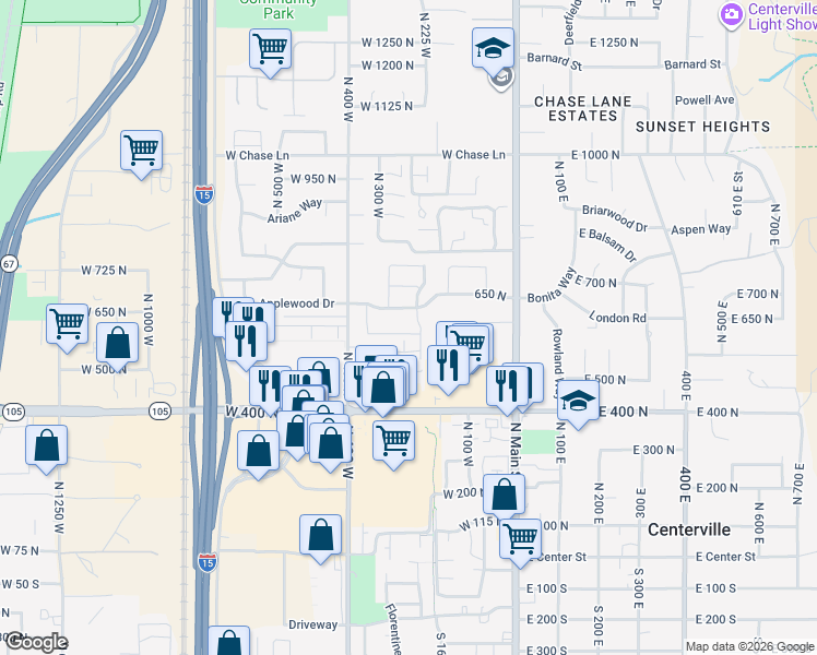 map of restaurants, bars, coffee shops, grocery stores, and more near 282 605 North in Centerville