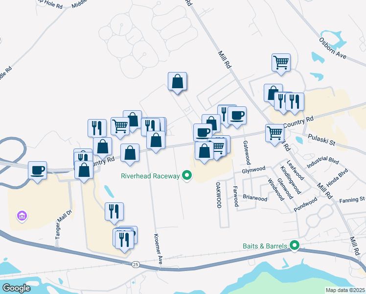 map of restaurants, bars, coffee shops, grocery stores, and more near 1800a Old Country Road in Riverhead