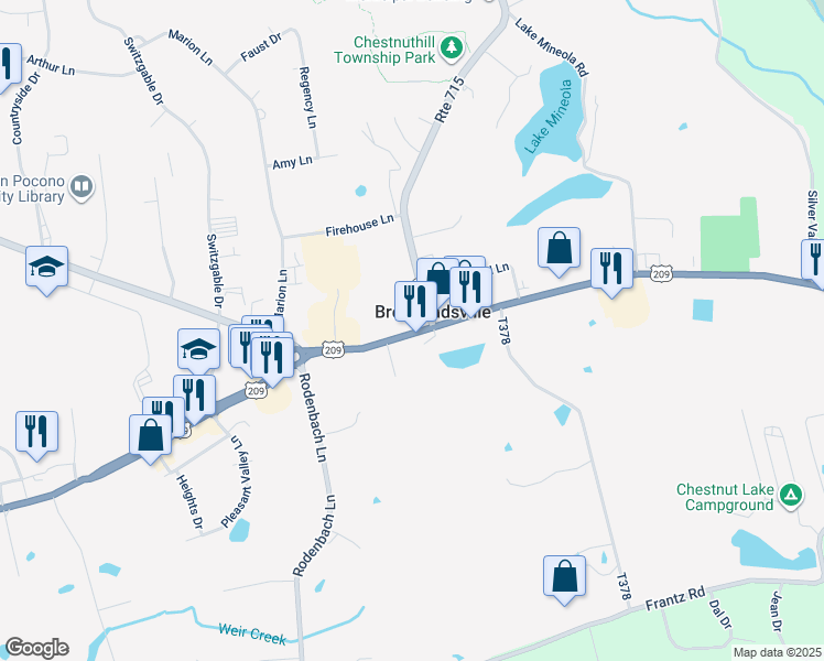 map of restaurants, bars, coffee shops, grocery stores, and more near 1771 U.S. 209 in Brodheadsville