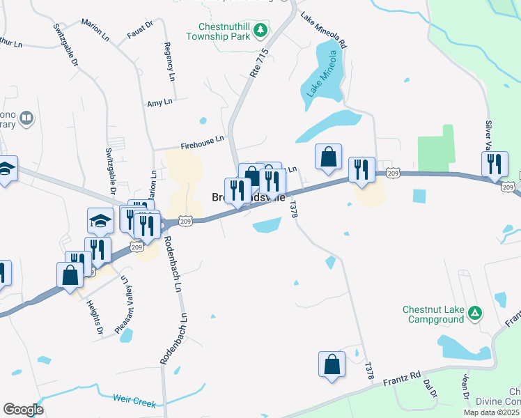 map of restaurants, bars, coffee shops, grocery stores, and more near 1784 U.S. 209 in Brodheadsville