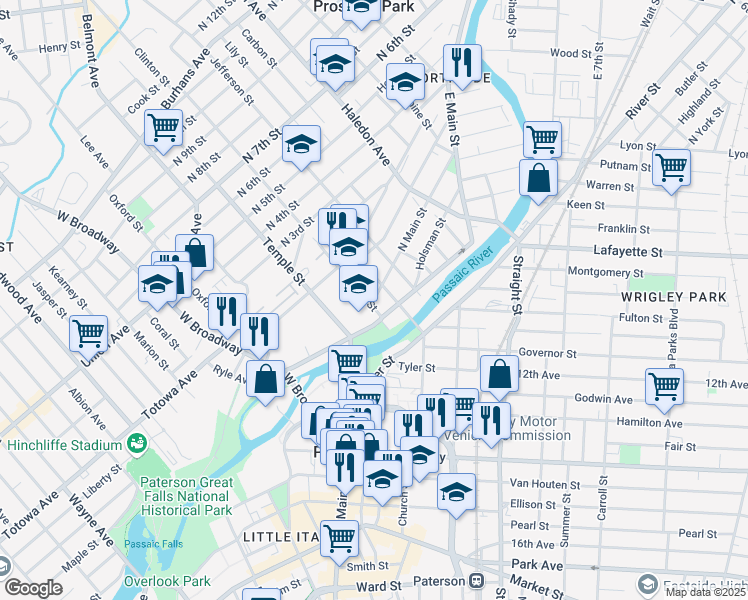 map of restaurants, bars, coffee shops, grocery stores, and more near 39 North Main Street in Paterson
