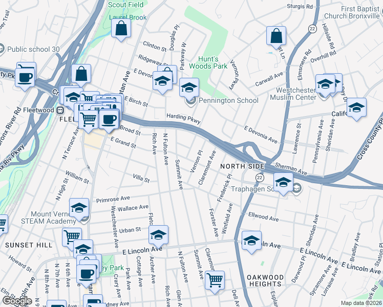 map of restaurants, bars, coffee shops, grocery stores, and more near 11 Central Parkway in Mount Vernon