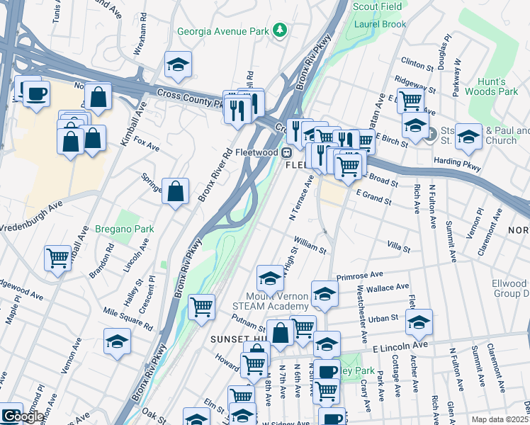 map of restaurants, bars, coffee shops, grocery stores, and more near 557 North MacQuesten Parkway in Mount Vernon