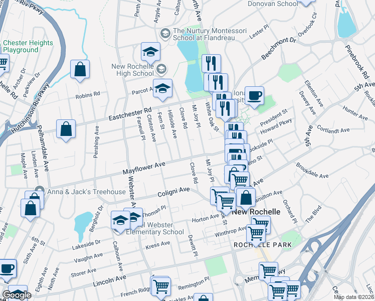 map of restaurants, bars, coffee shops, grocery stores, and more near 100 Clove Road in New Rochelle