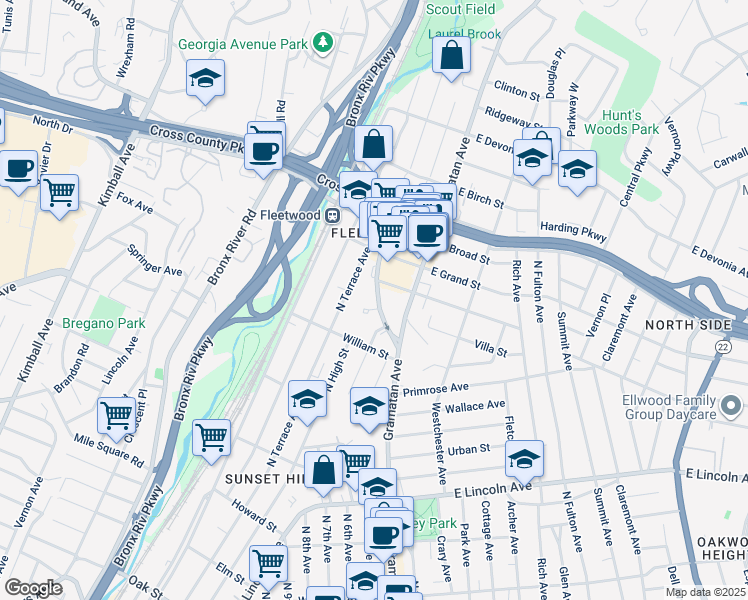 map of restaurants, bars, coffee shops, grocery stores, and more near 6 West Cedar Street in Mount Vernon