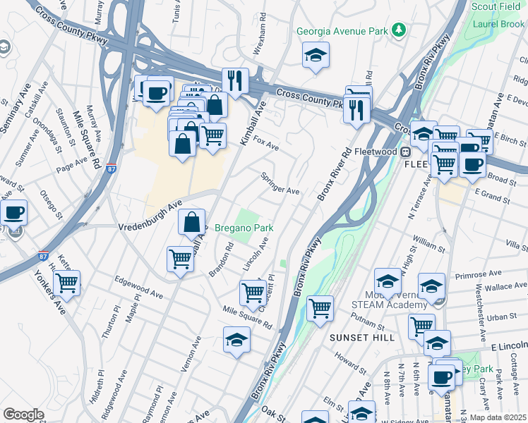 map of restaurants, bars, coffee shops, grocery stores, and more near 15 Frazier Place in Yonkers