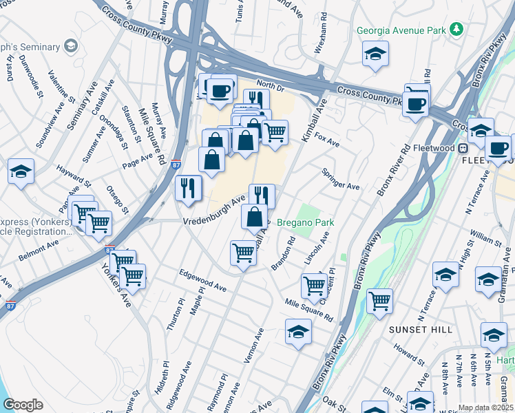 map of restaurants, bars, coffee shops, grocery stores, and more near 128 Vredenburgh Avenue in Yonkers