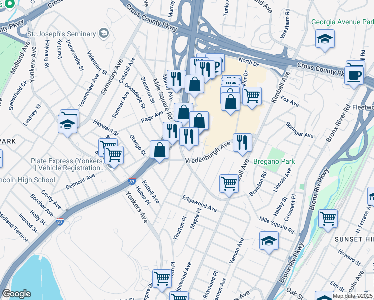map of restaurants, bars, coffee shops, grocery stores, and more near 18 Mildred Street in Yonkers