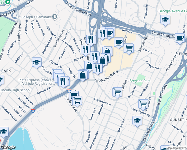 map of restaurants, bars, coffee shops, grocery stores, and more near in Yonkers