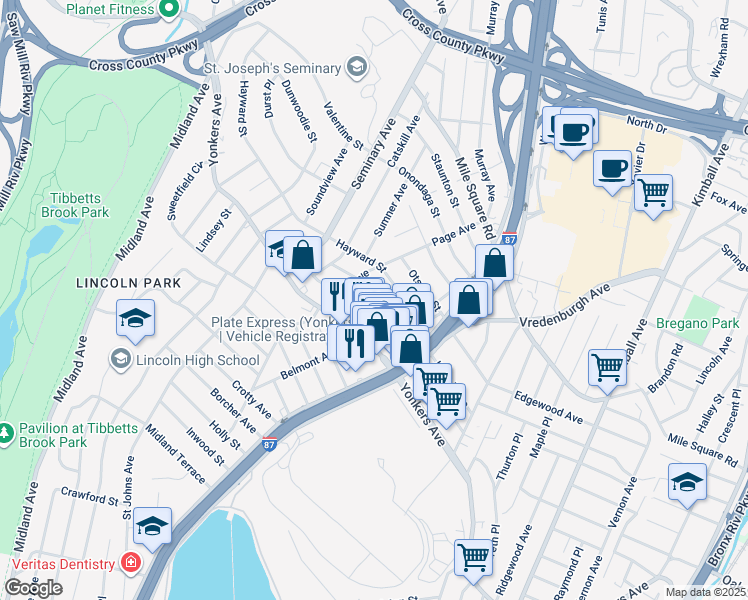 map of restaurants, bars, coffee shops, grocery stores, and more near 275 Hayward Street in Yonkers