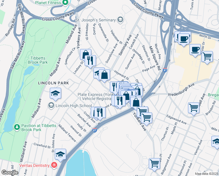 map of restaurants, bars, coffee shops, grocery stores, and more near 29 Cowles Avenue in Yonkers