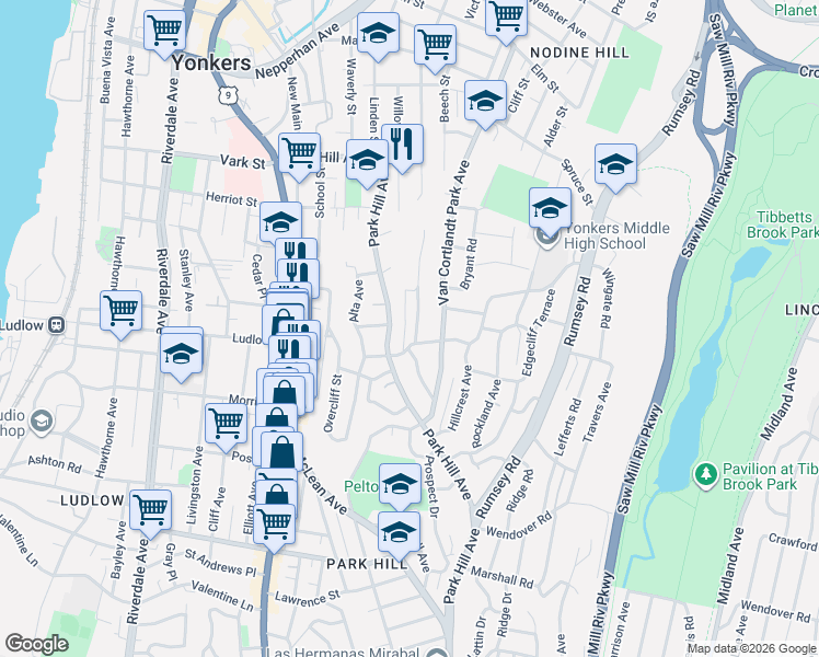 map of restaurants, bars, coffee shops, grocery stores, and more near 198 Park Hill Avenue in Yonkers
