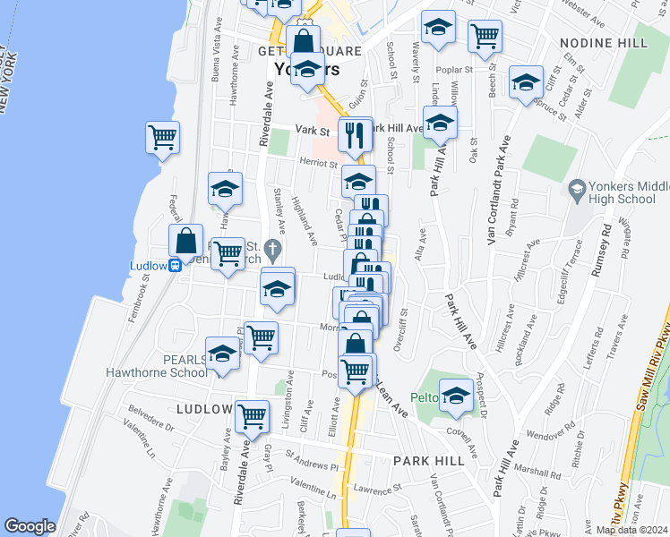 map of restaurants, bars, coffee shops, grocery stores, and more near 34 Highland Avenue in Yonkers