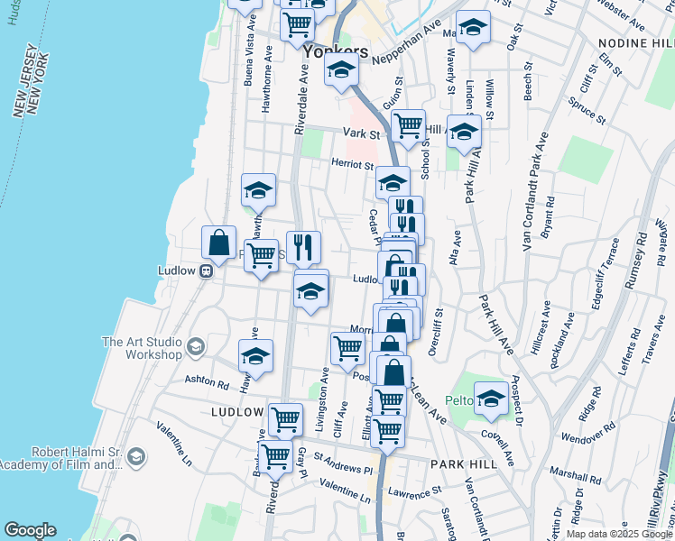 map of restaurants, bars, coffee shops, grocery stores, and more near 7 Highland Place in Yonkers
