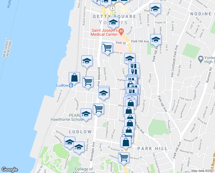 map of restaurants, bars, coffee shops, grocery stores, and more near 7 Highland Place in Yonkers