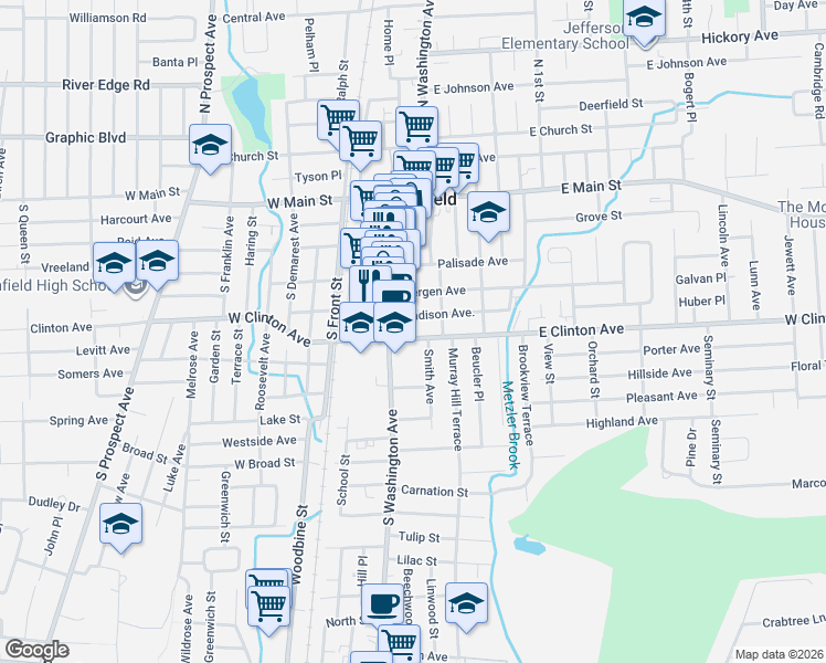map of restaurants, bars, coffee shops, grocery stores, and more near 89-91 South Washington Avenue in Bergenfield
