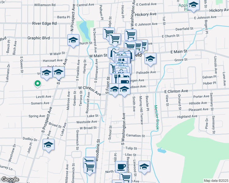 map of restaurants, bars, coffee shops, grocery stores, and more near 107 South Railroad Avenue in Bergenfield