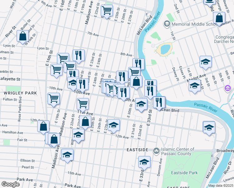 map of restaurants, bars, coffee shops, grocery stores, and more near 351 East 28th Street in Paterson