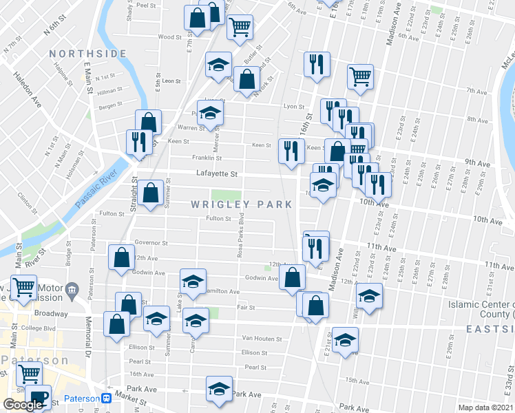 map of restaurants, bars, coffee shops, grocery stores, and more near 121 Rosa Parks Boulevard in Paterson