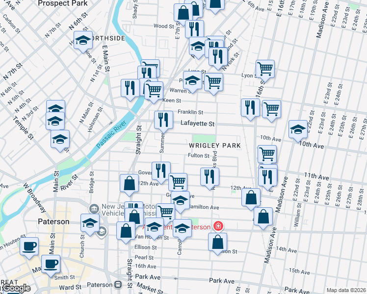 map of restaurants, bars, coffee shops, grocery stores, and more near 122 Montgomery Street in Paterson
