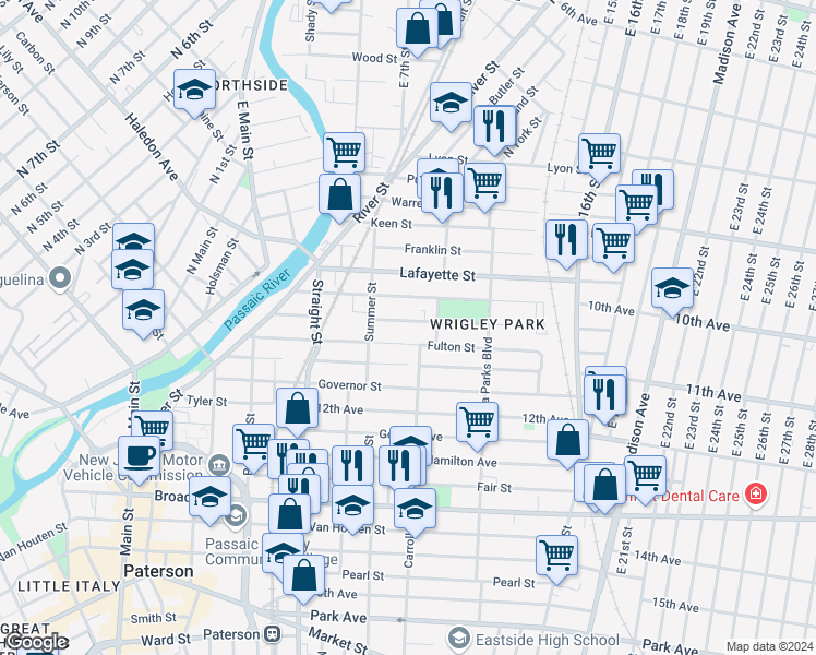 map of restaurants, bars, coffee shops, grocery stores, and more near 122 Montgomery Street in Paterson