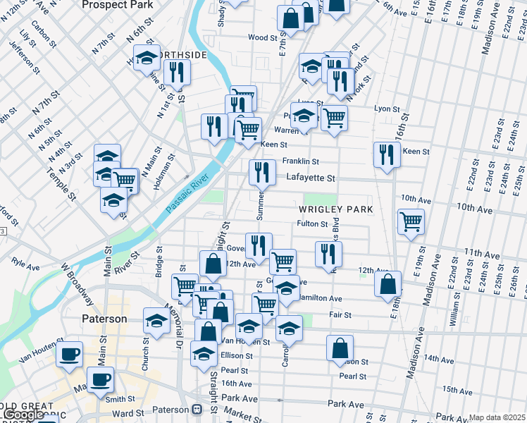 map of restaurants, bars, coffee shops, grocery stores, and more near 111 Lawrence Street in Paterson