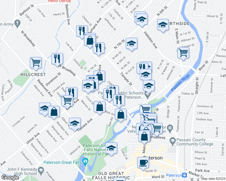 map of restaurants, bars, coffee shops, grocery stores, and more near 22 Arlington Street in Paterson