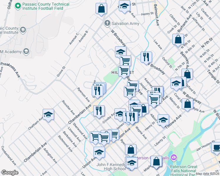 map of restaurants, bars, coffee shops, grocery stores, and more near 396 Chamberlain Avenue in Paterson