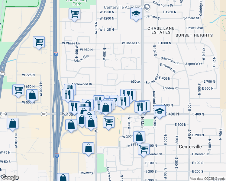 map of restaurants, bars, coffee shops, grocery stores, and more near 282 605 North in Centerville