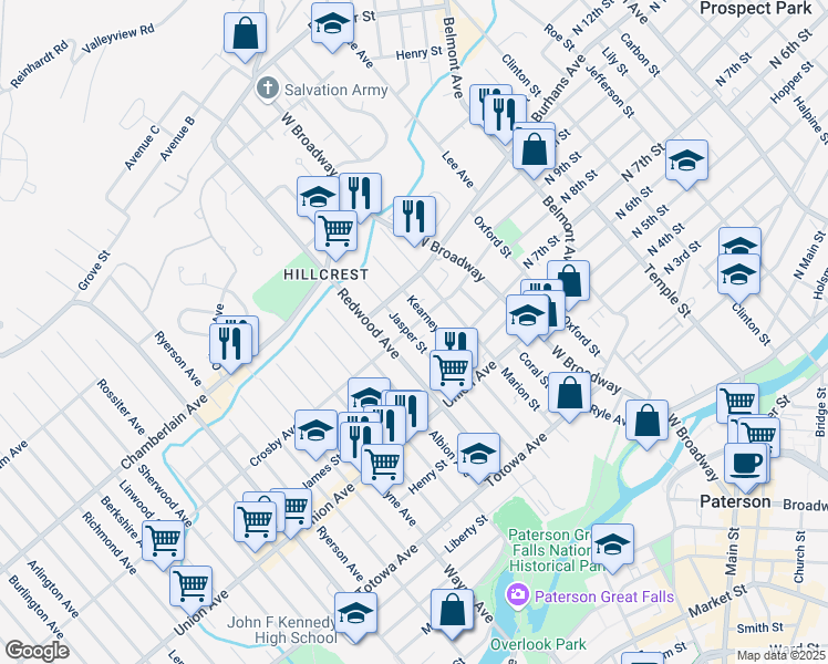 map of restaurants, bars, coffee shops, grocery stores, and more near 172 Jasper Street in Paterson