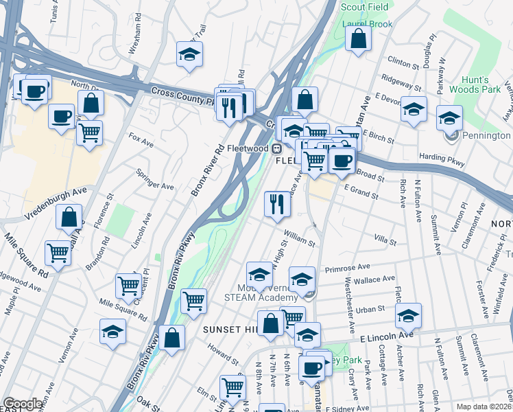 map of restaurants, bars, coffee shops, grocery stores, and more near 557 North MacQuesten Parkway in Mount Vernon