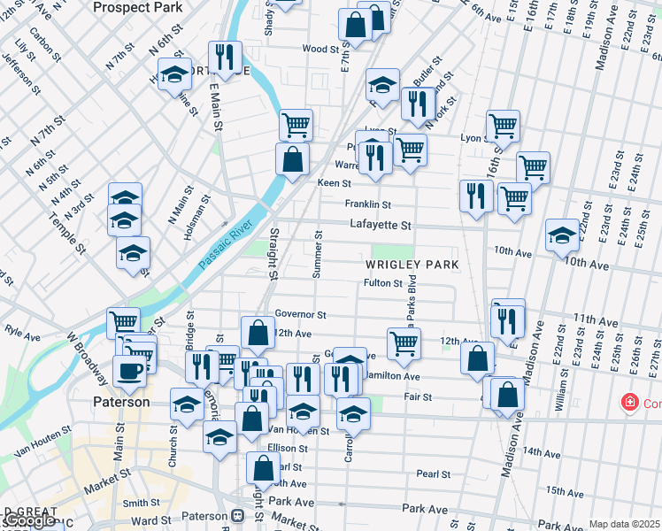 map of restaurants, bars, coffee shops, grocery stores, and more near 116 Lawrence Street in Paterson