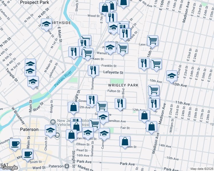 map of restaurants, bars, coffee shops, grocery stores, and more near 148 Lawrence Street in Paterson
