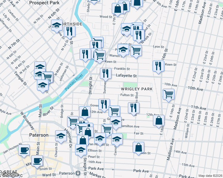 map of restaurants, bars, coffee shops, grocery stores, and more near 124 Lawrence Street in Paterson