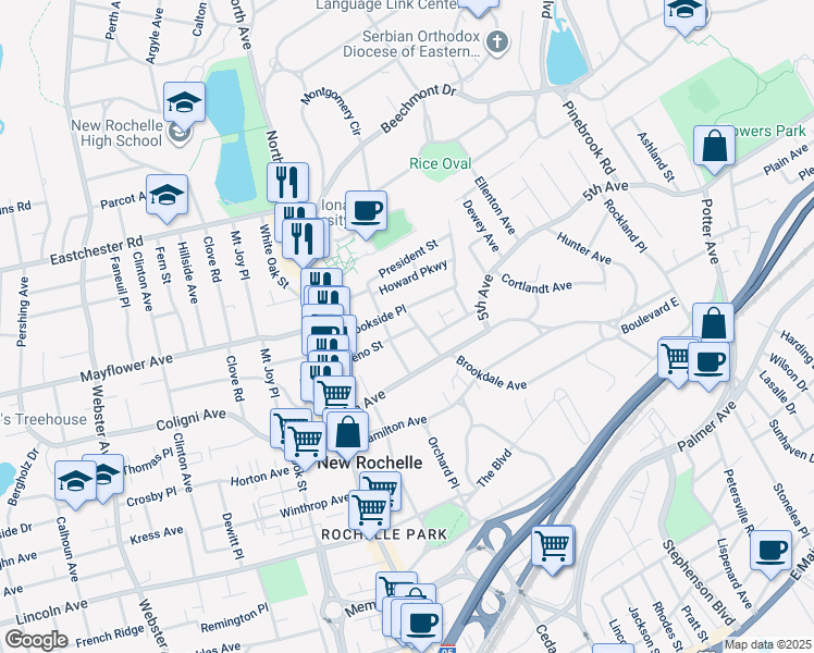 map of restaurants, bars, coffee shops, grocery stores, and more near 57 Brookside Place in New Rochelle