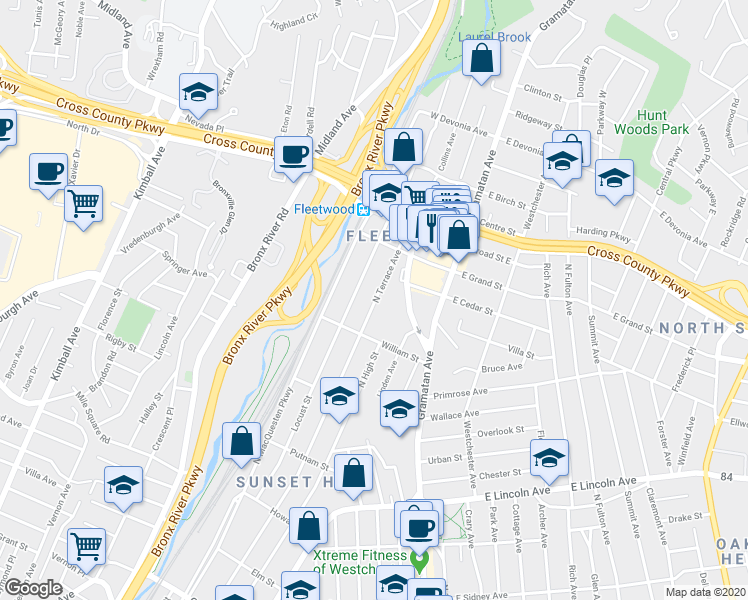 map of restaurants, bars, coffee shops, grocery stores, and more near 651 North Terrace Avenue in Mount Vernon
