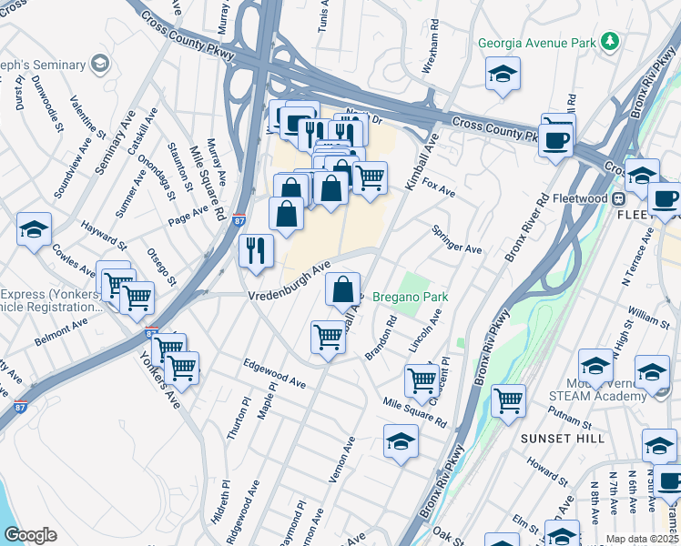 map of restaurants, bars, coffee shops, grocery stores, and more near 128 Vredenburgh Avenue in Yonkers