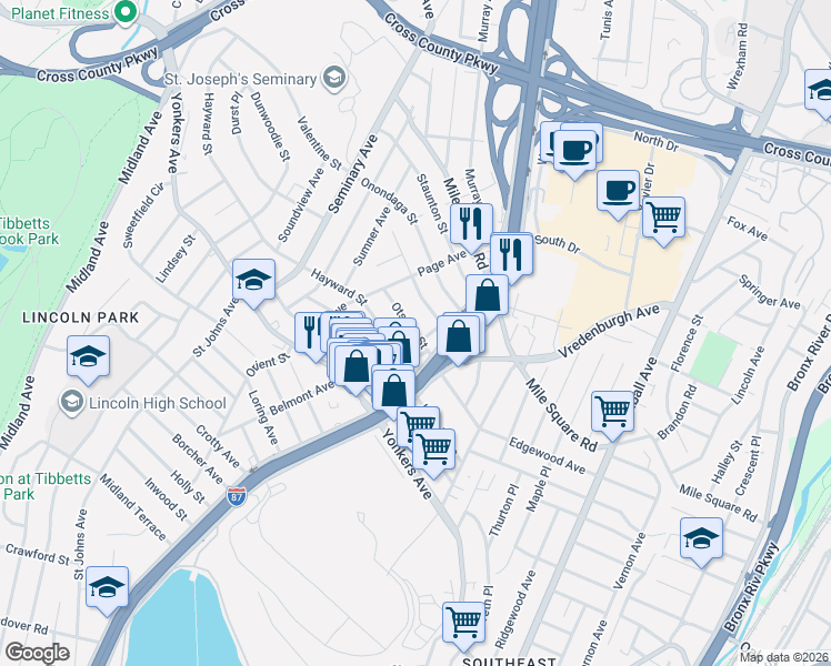 map of restaurants, bars, coffee shops, grocery stores, and more near 44 Otsego Street in Yonkers