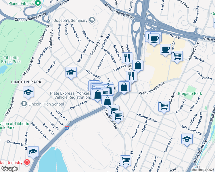 map of restaurants, bars, coffee shops, grocery stores, and more near 44 Otsego Street in Yonkers