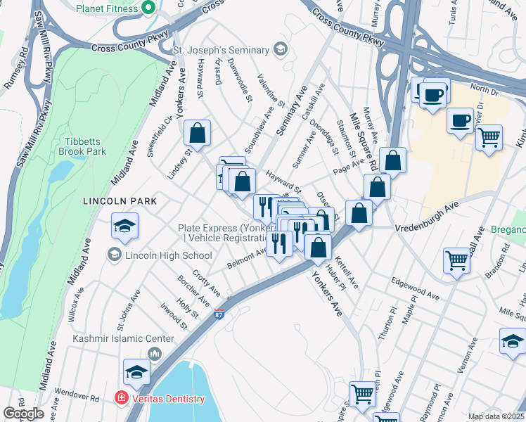 map of restaurants, bars, coffee shops, grocery stores, and more near 29 Cowles Avenue in Yonkers