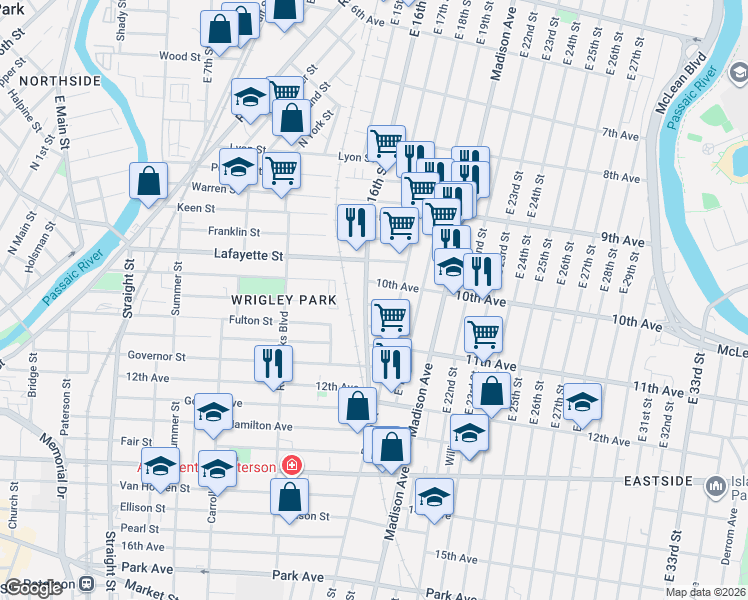 map of restaurants, bars, coffee shops, grocery stores, and more near 402 East 16th Street in Paterson