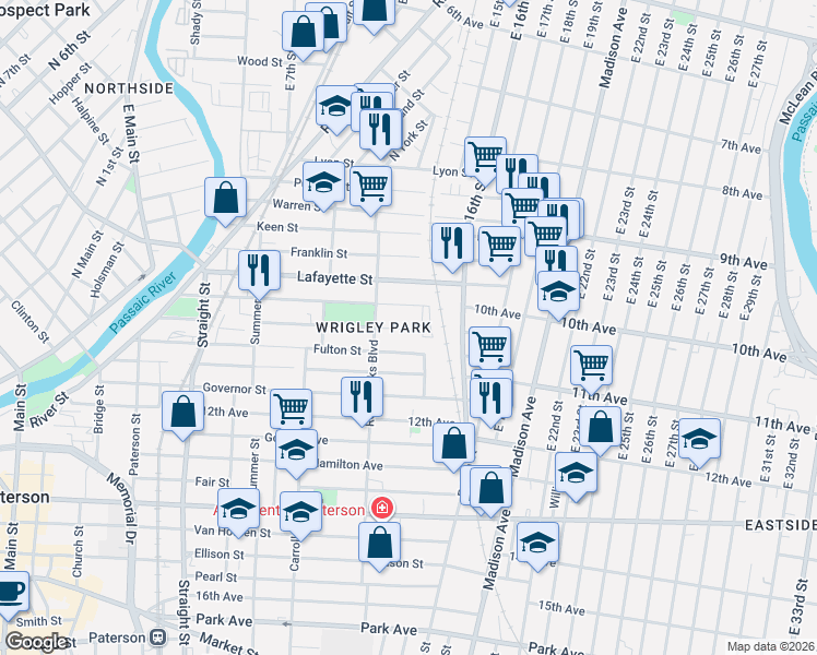 map of restaurants, bars, coffee shops, grocery stores, and more near 204 Montgomery Street in Paterson