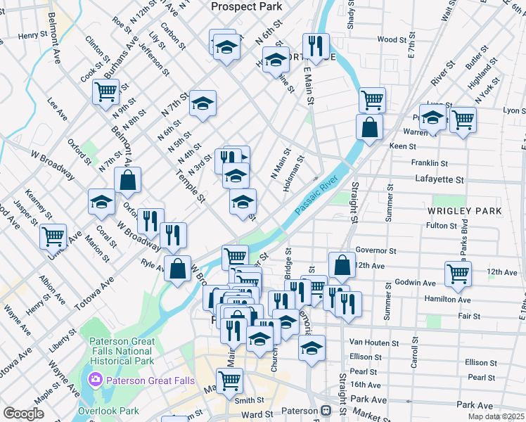 map of restaurants, bars, coffee shops, grocery stores, and more near 23 Jefferson Street in Paterson