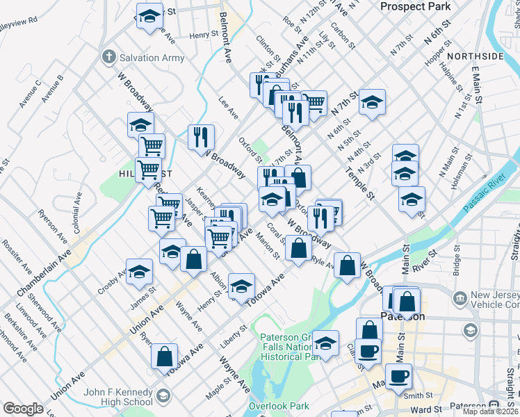 map of restaurants, bars, coffee shops, grocery stores, and more near 22 Garrison Street in Paterson