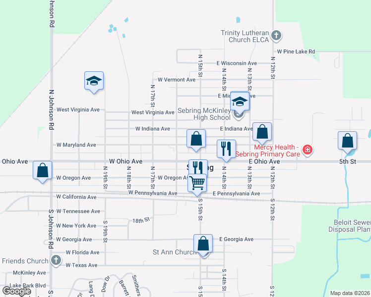 map of restaurants, bars, coffee shops, grocery stores, and more near 426 North 16th Street in Sebring